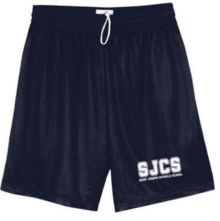 Navy Blue Mesh Shorts with DRAWCORD SJCS Block Logo in White Ink