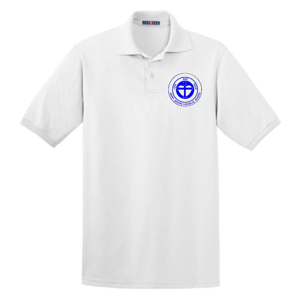 Toddler White Short Sleeve Polo Shirt with SJCS Crest Logo in Royal Blue Ink