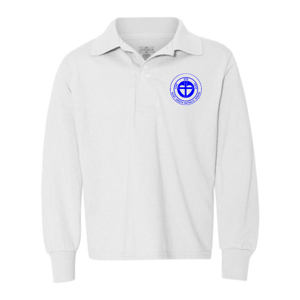 White Long Sleeve Polo Shirt with SJCS Crest Logo in Royal Blue Ink