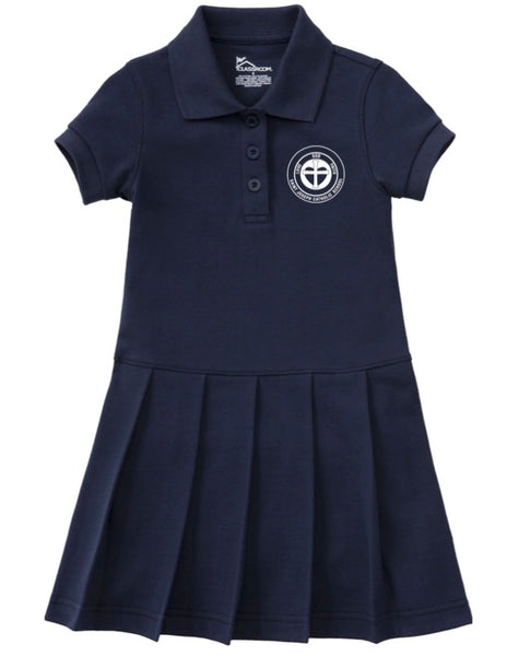 navy blue uniform polo dress Girls Uniform Short Sleeve Knit Polo Shift Dress - BLUE