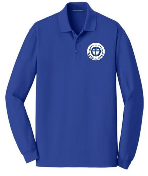 Royal Blue Long Sleeve Polo Shirt with SJCS Crest Logo in White Ink