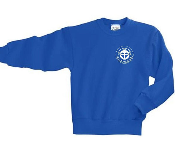 Toddler Royal Blue Crewneck Sweatshirt with SJCS Crest Logo in White Ink